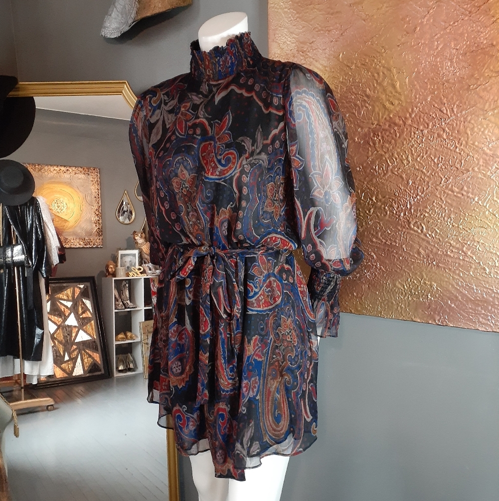 Zara Black Sheer Paisley Mini Dress with Blue & Rust Accents